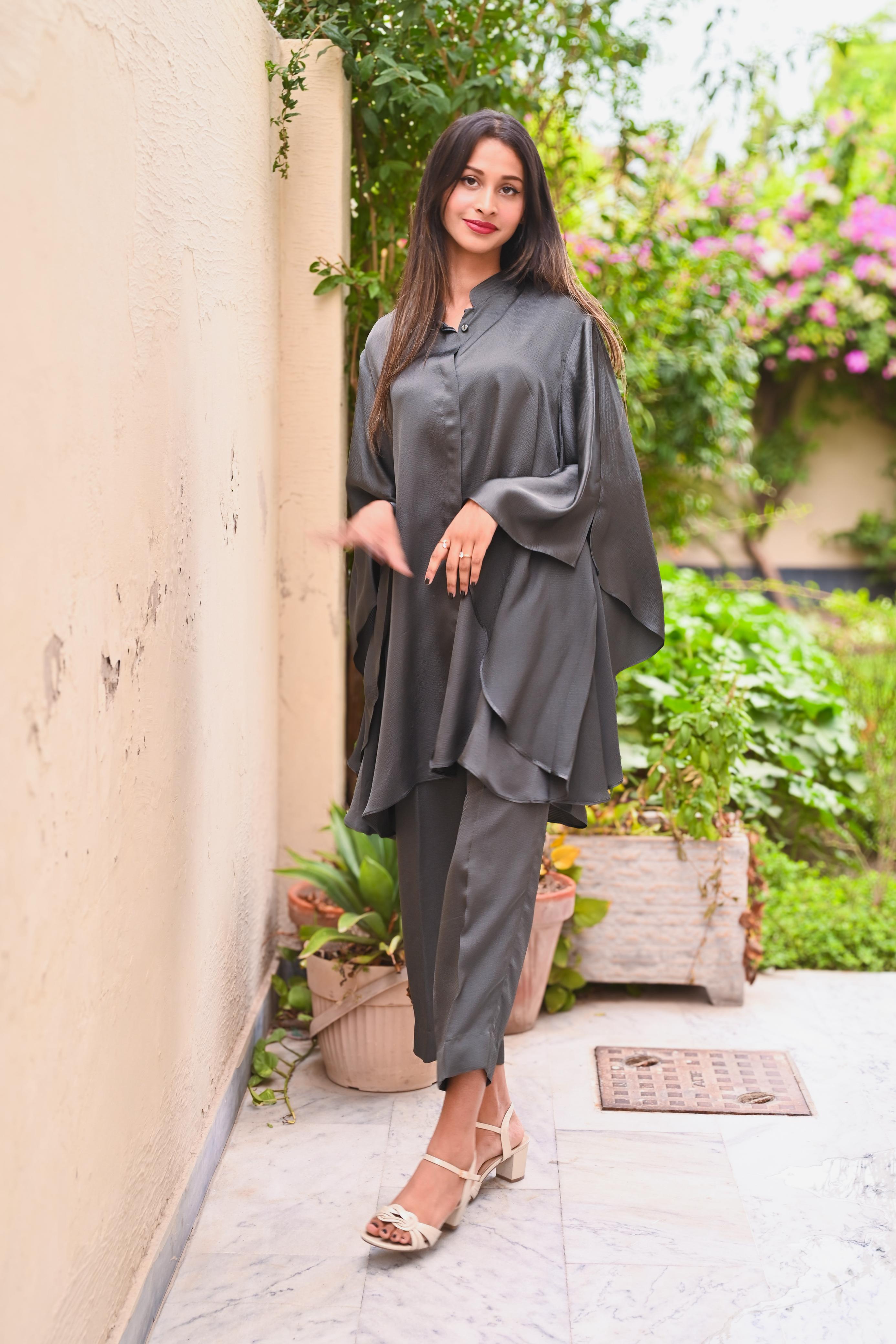 Charcoal Elegance Cape Suit Set