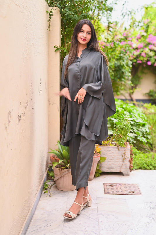 Charcoal Elegance Cape Suit Set
