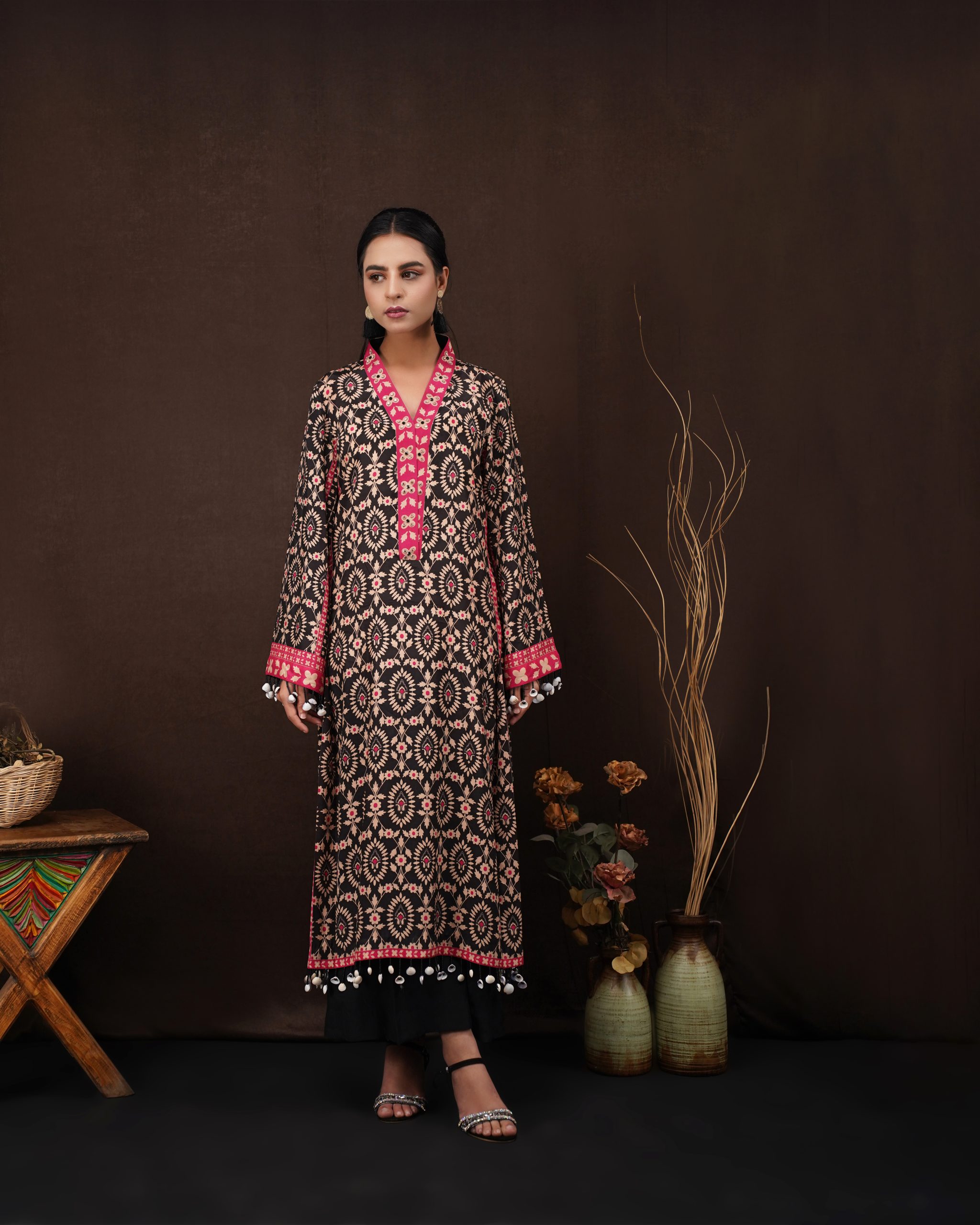 2 Piece Printed Black Silk Kaftan