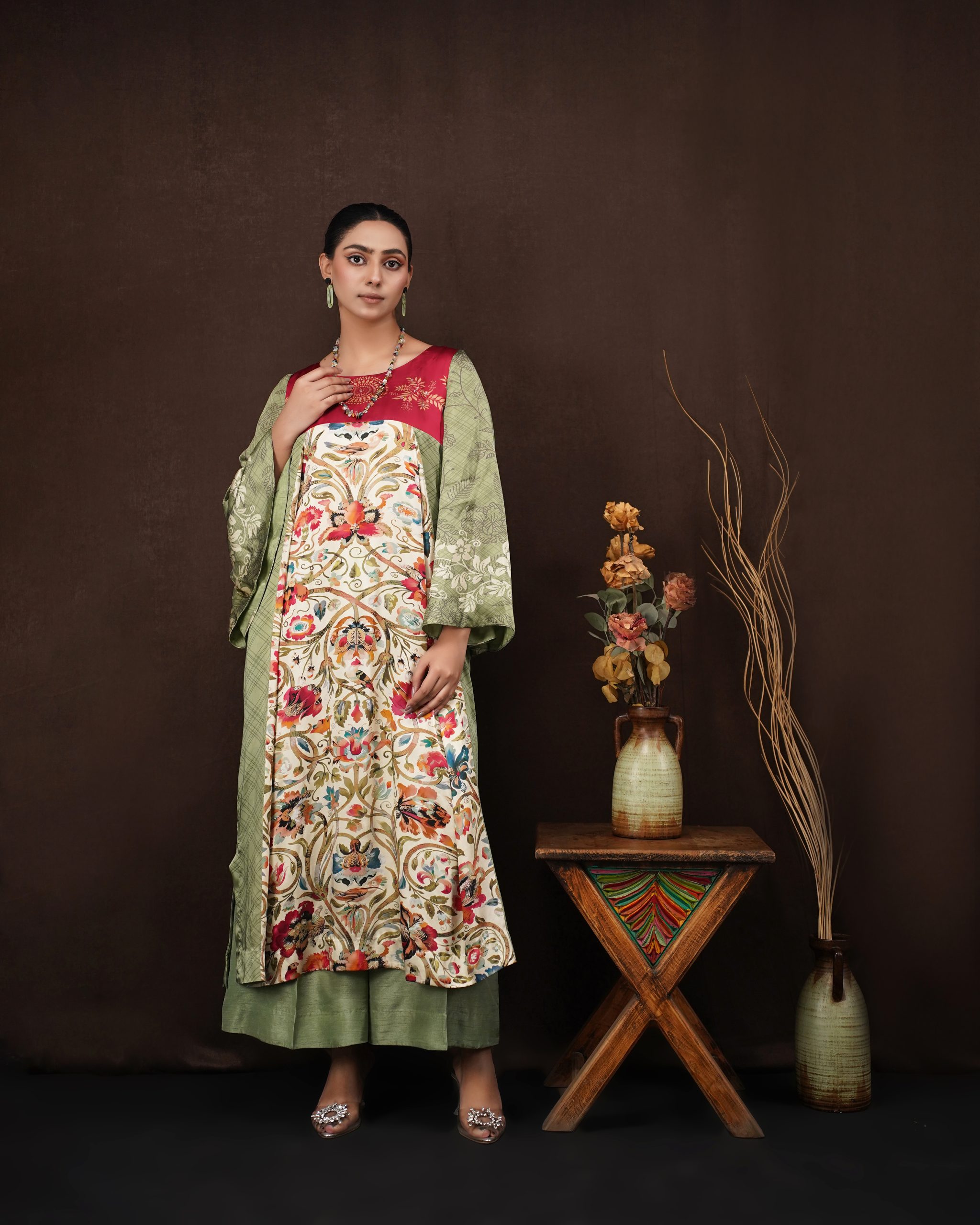 affiyas Green Silk Kaftan