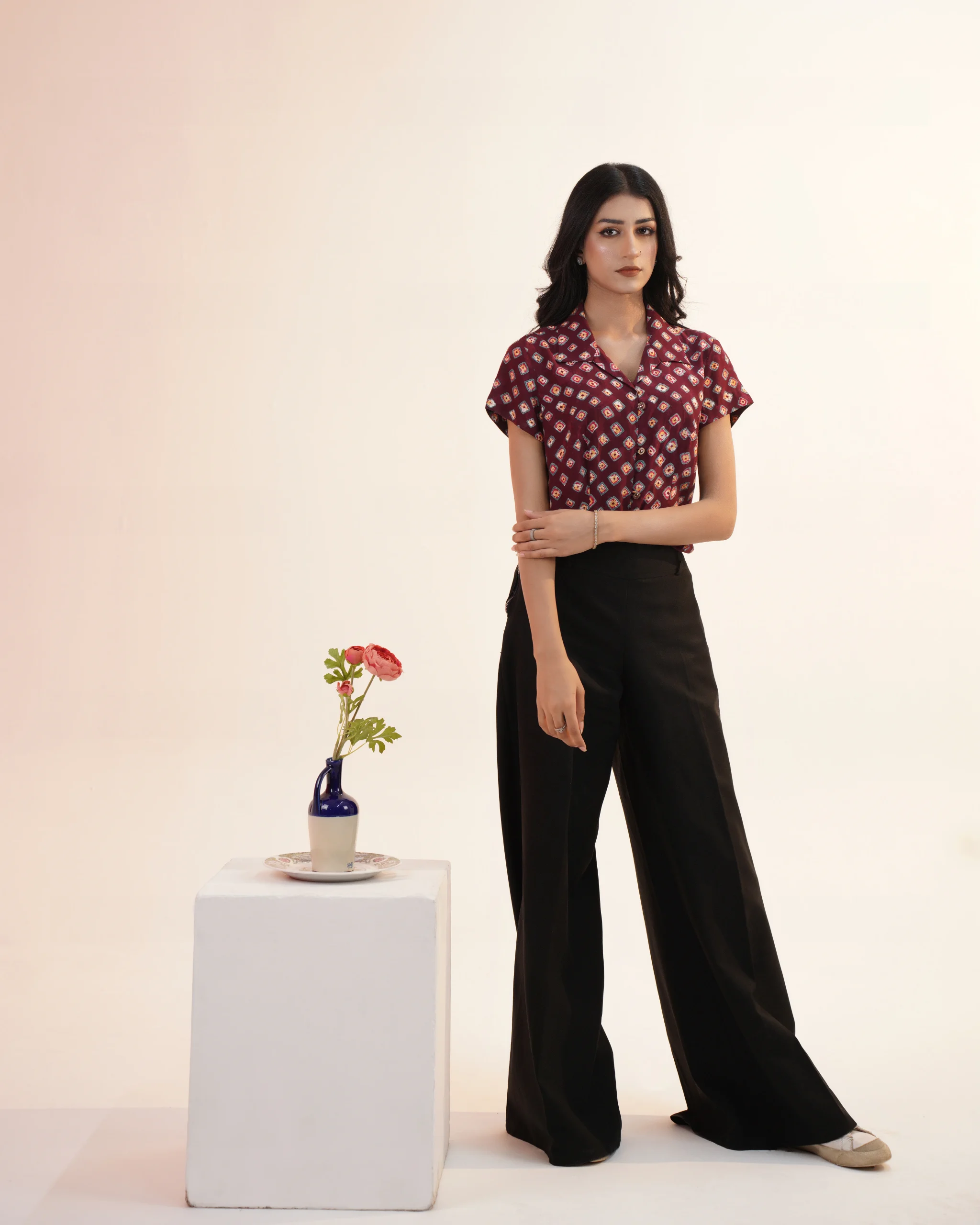 Printed Crop Shirt with Wide Leg Pants