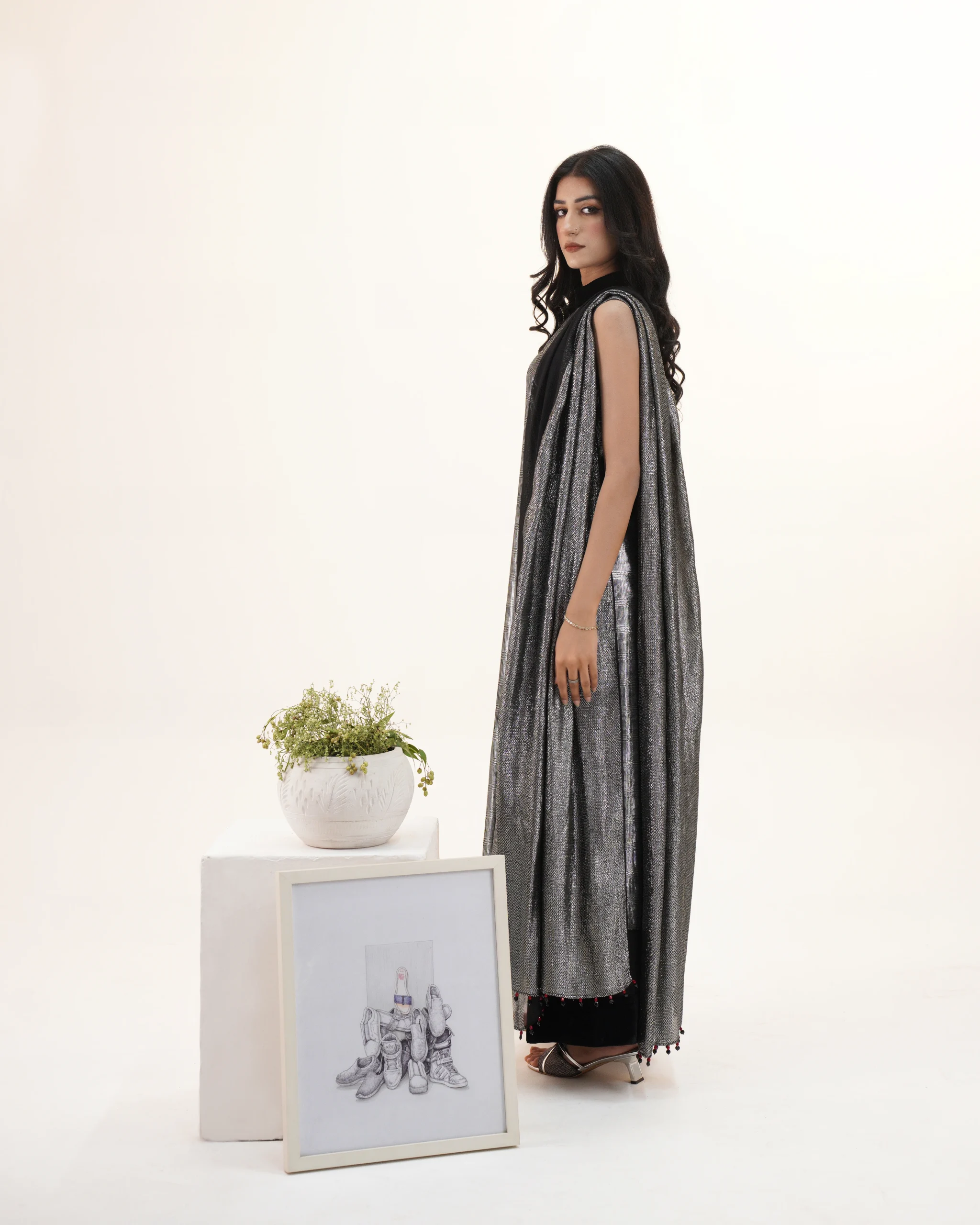 Metallic Silver Long Shirt with Black Trouser
