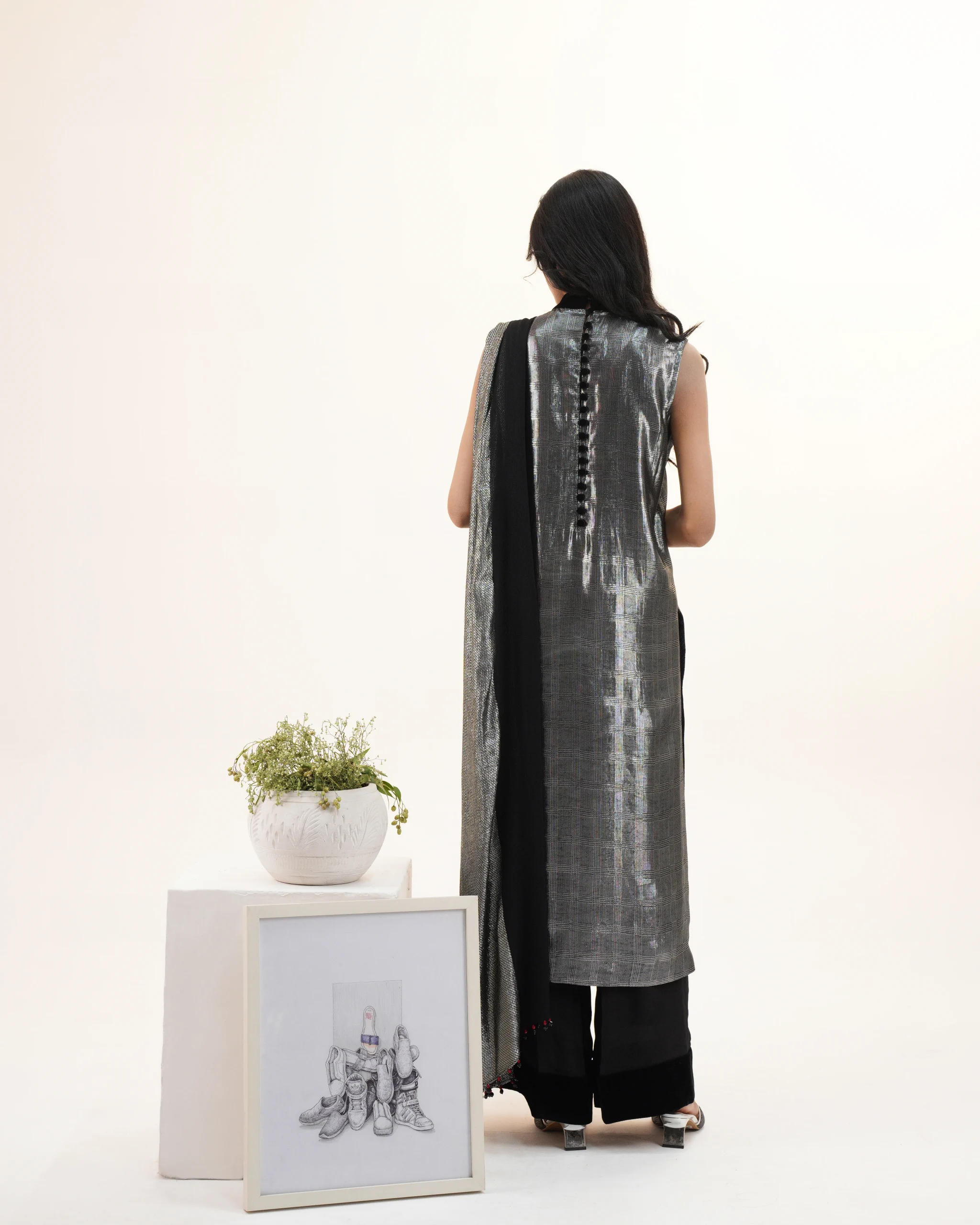 Metallic Silver Long Shirt with Black Trouser - Image 8
