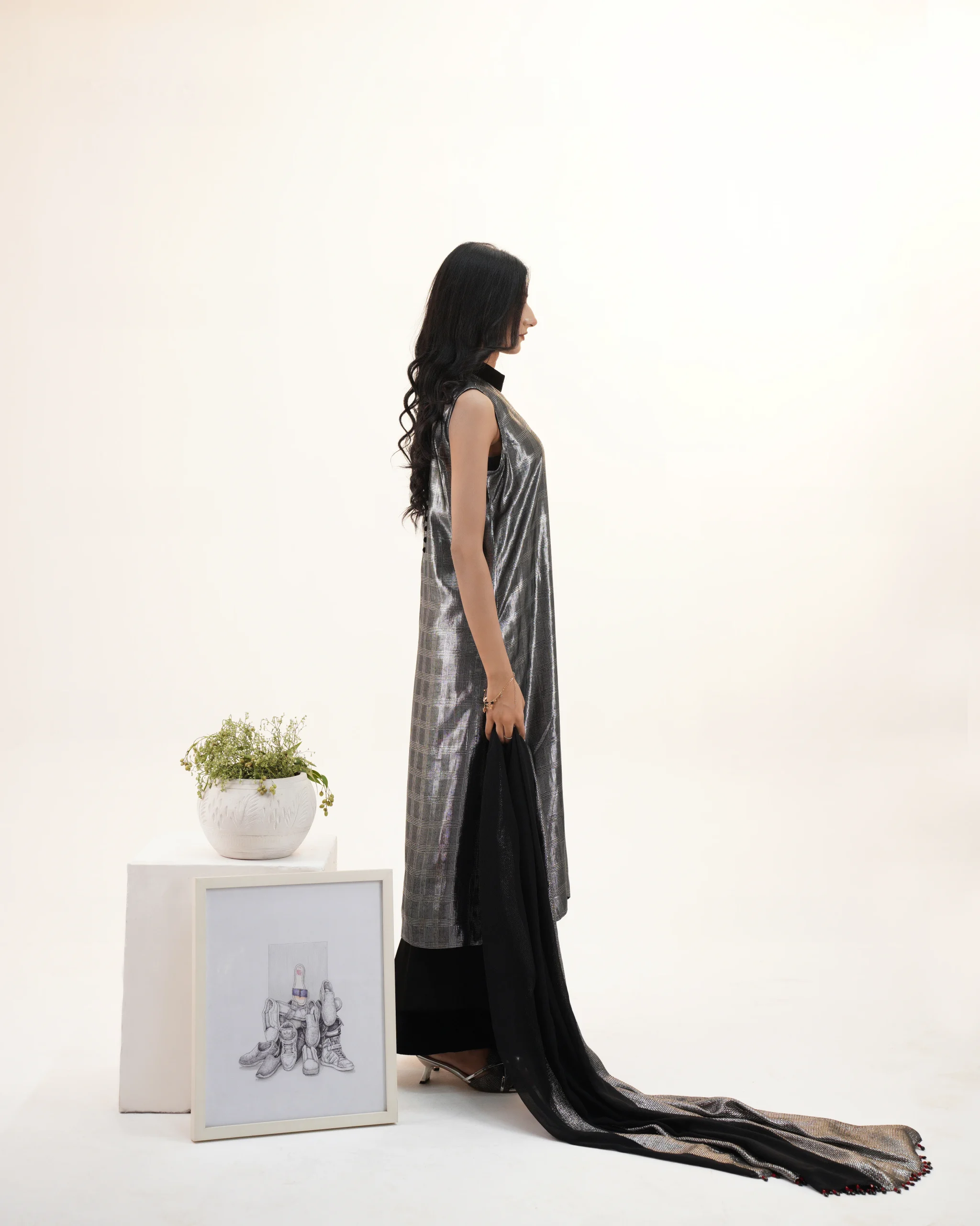 Metallic Silver Long Shirt with Black Trouser - Image 6