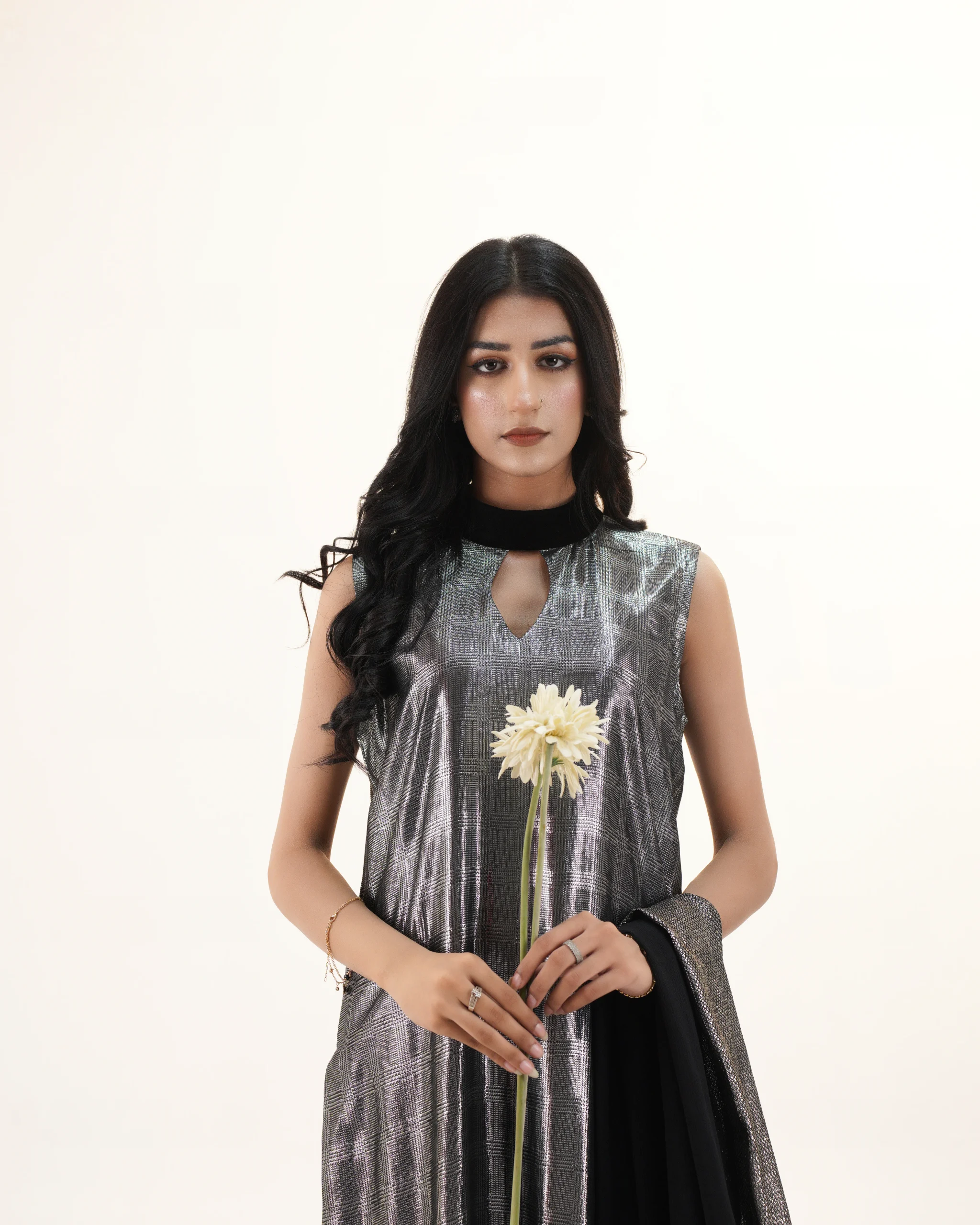 Metallic Silver Long Shirt with Black Trouser - Image 5