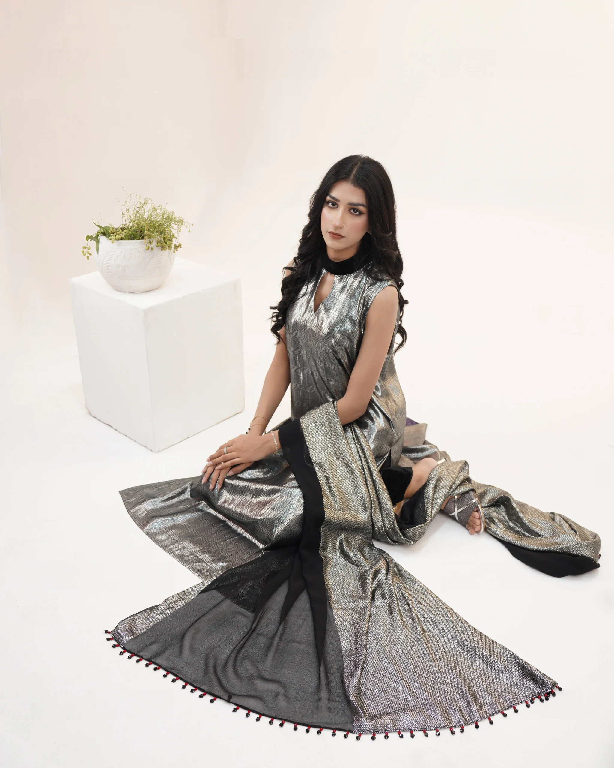 Metallic Silver Long Shirt with Black Trouser - Image 3
