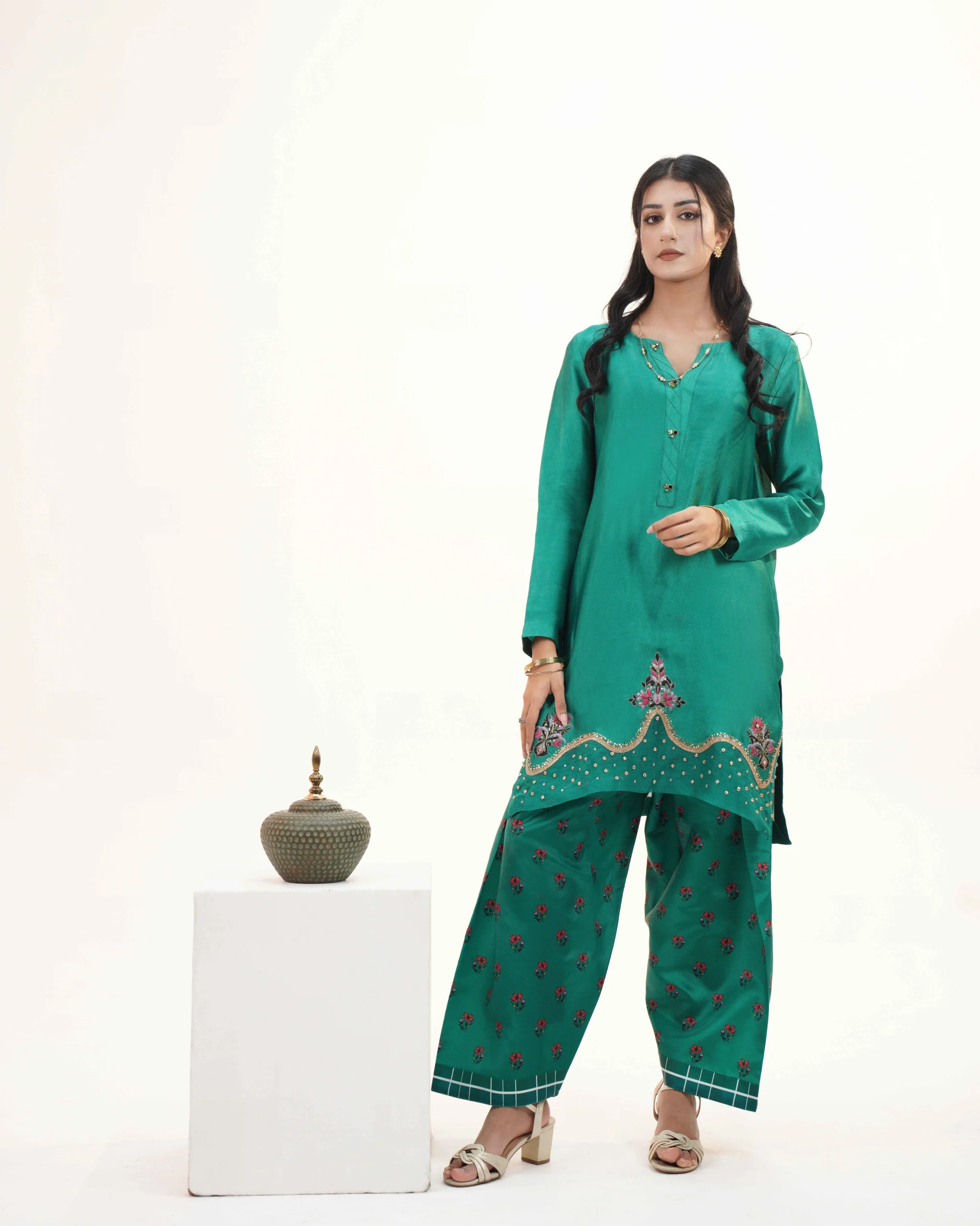 Teal Green Kurta with Printed Palazzo